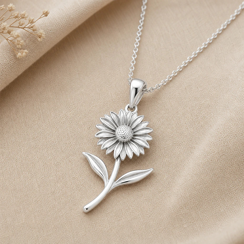 Close-up of the silver Gaillardia flower pendant and necklace chain