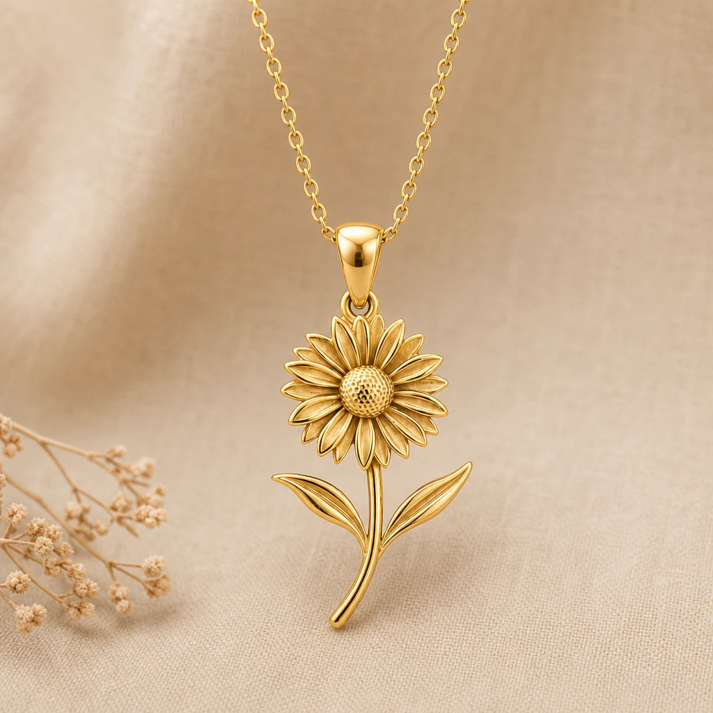 Gaillardia flower pendant necklace in 18k gold plated sterling silver on warm cream fabric