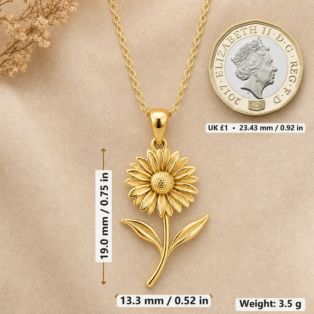 Gaillardia flower pendant dimensions 19 mm by 13.3 mm and product scale
