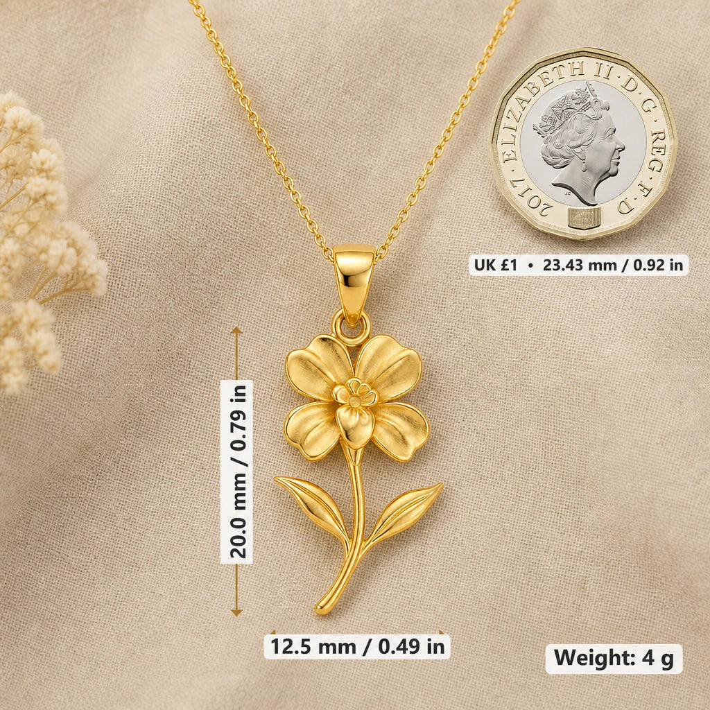 Impatiens flower necklace shown at 20 mm high and 12.5 mm wide with a pound coin for scale