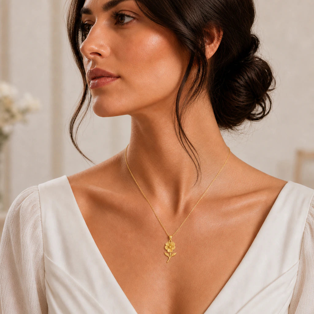 Violet flower pendant necklace worn by a model