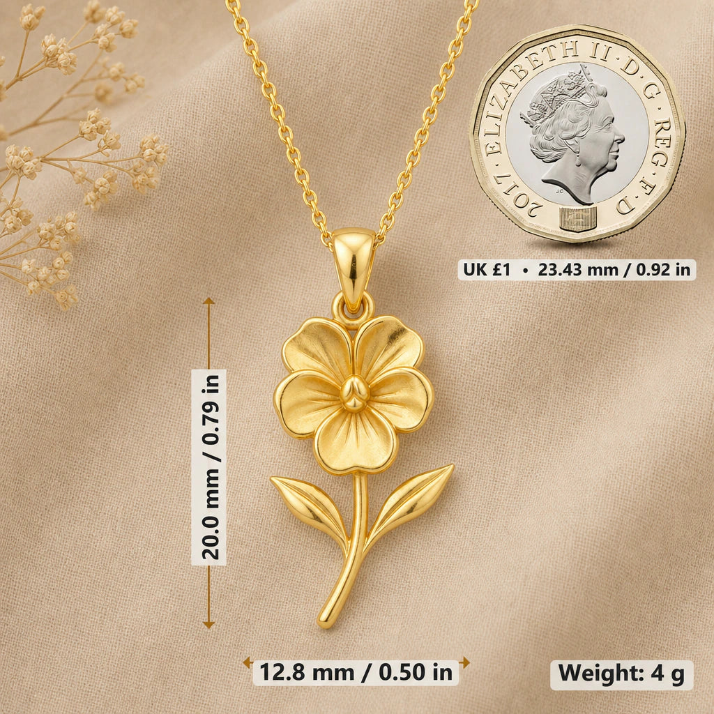 Violet necklace size image showing 20 mm height, 12.8 mm width and 4 g weight beside a UK pound coin