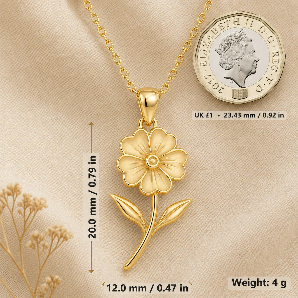 Primrose pendant necklace size graphic showing 20 by 12 millimetres and 4 grams