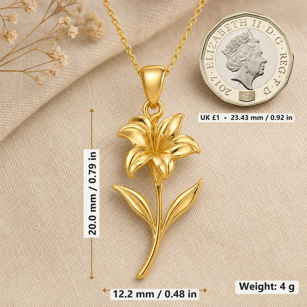 Canna flower pendant necklace size shown as 20 mm high and 12.2 mm wide, weight 4 g