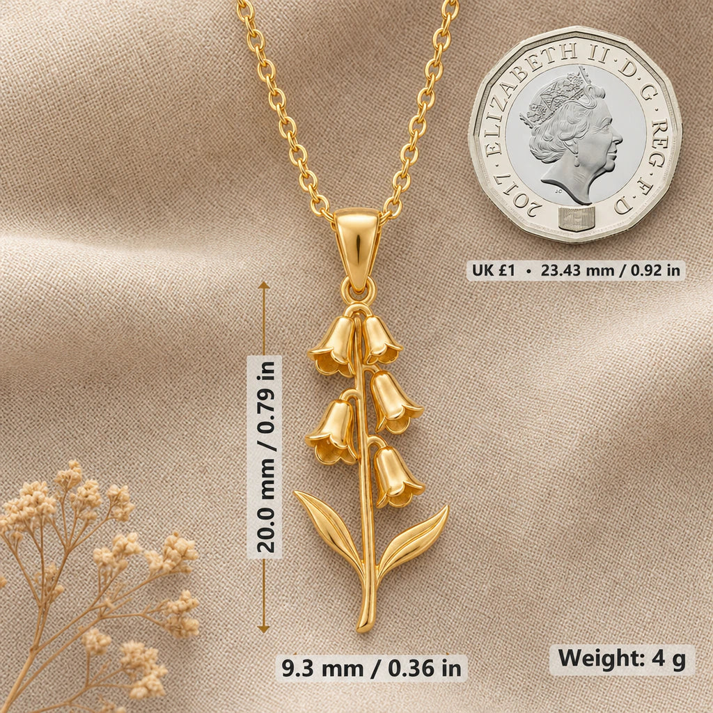 Foxglove necklace size image showing 20 mm height, 9.3 mm width and 4 g weight beside a UK pound coin