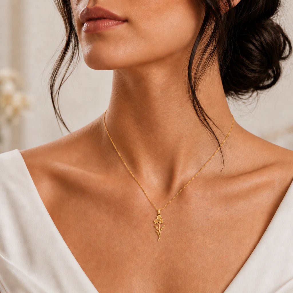 Gladiolus flower pendant necklace worn, close-up