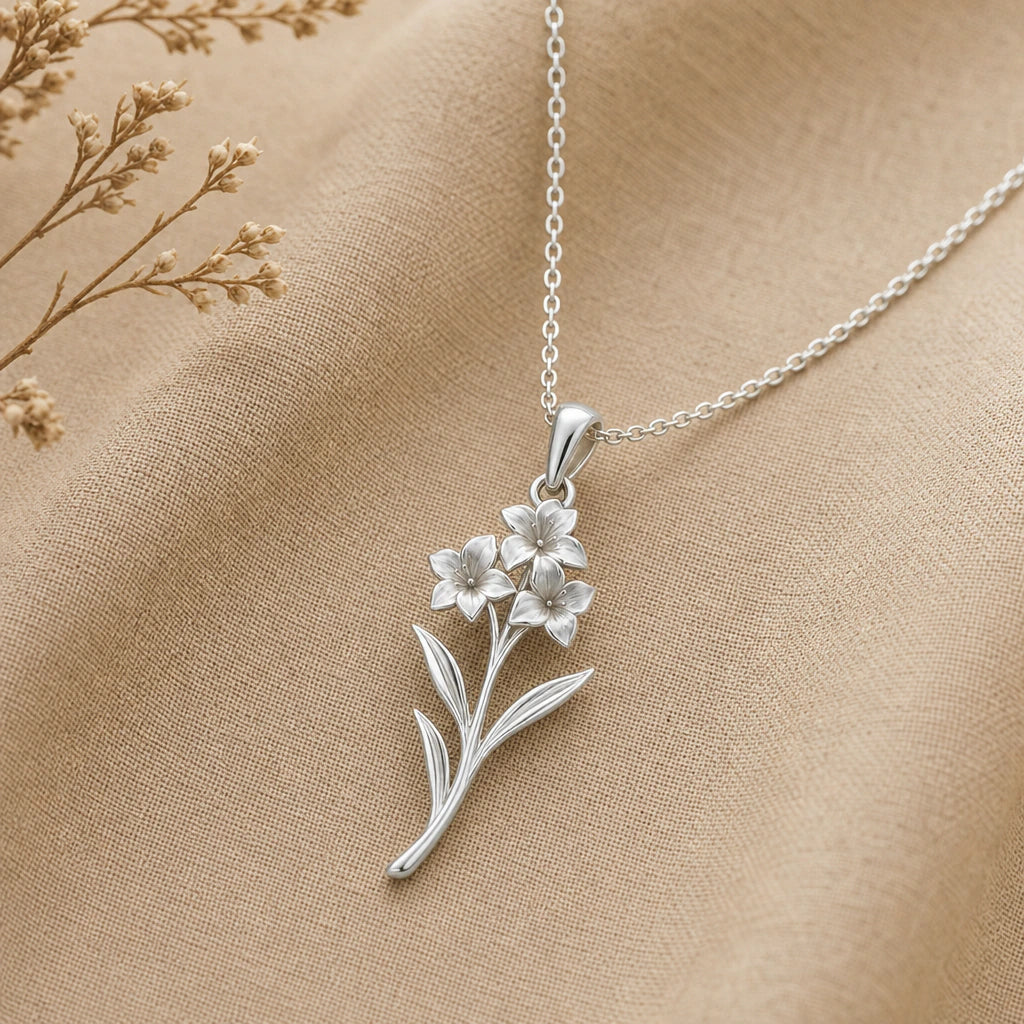 Close-up of silver gladiolus pendant with three star shaped blooms