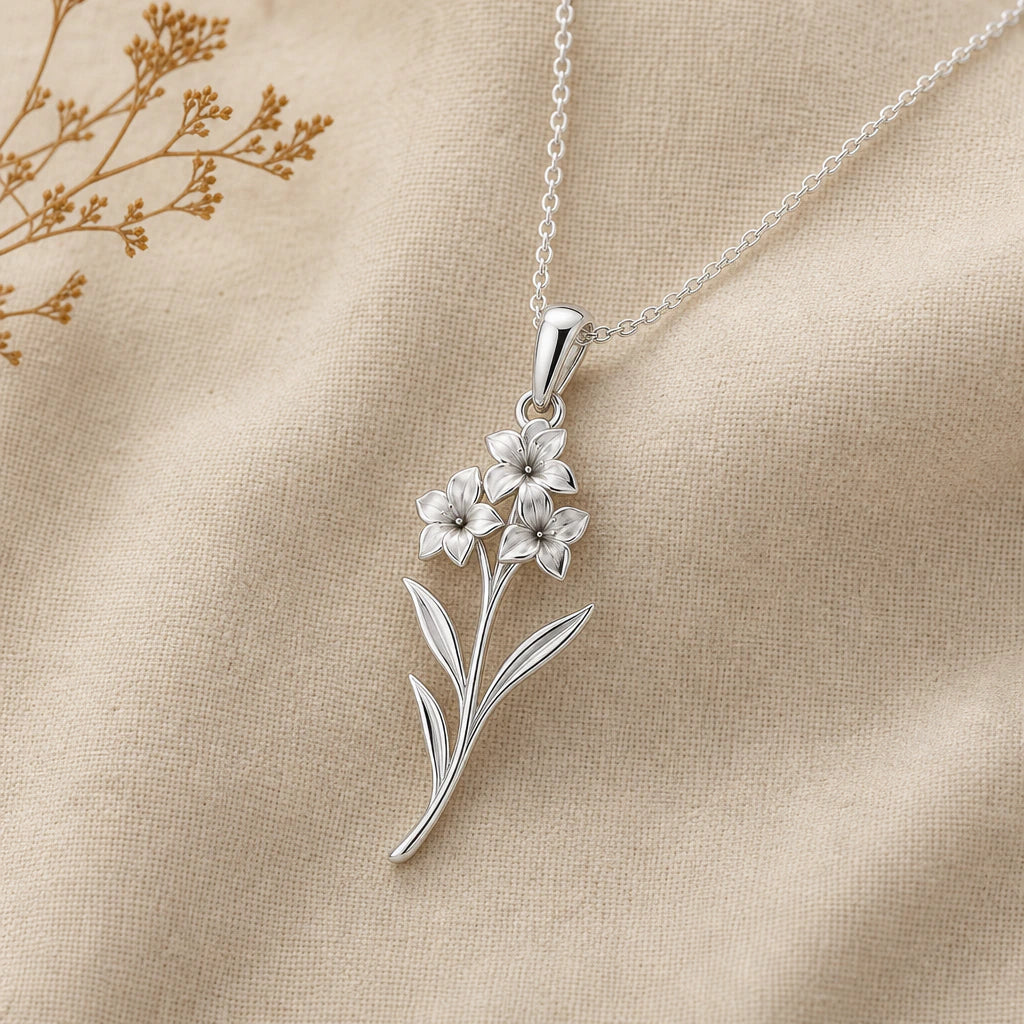 Gladiolus flower pendant necklace in 925 sterling silver