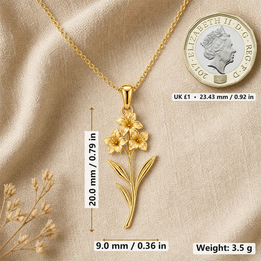 Gladiolus necklace size image showing 20 mm height, 9 mm width and 3.5 g weight beside a UK pound coin