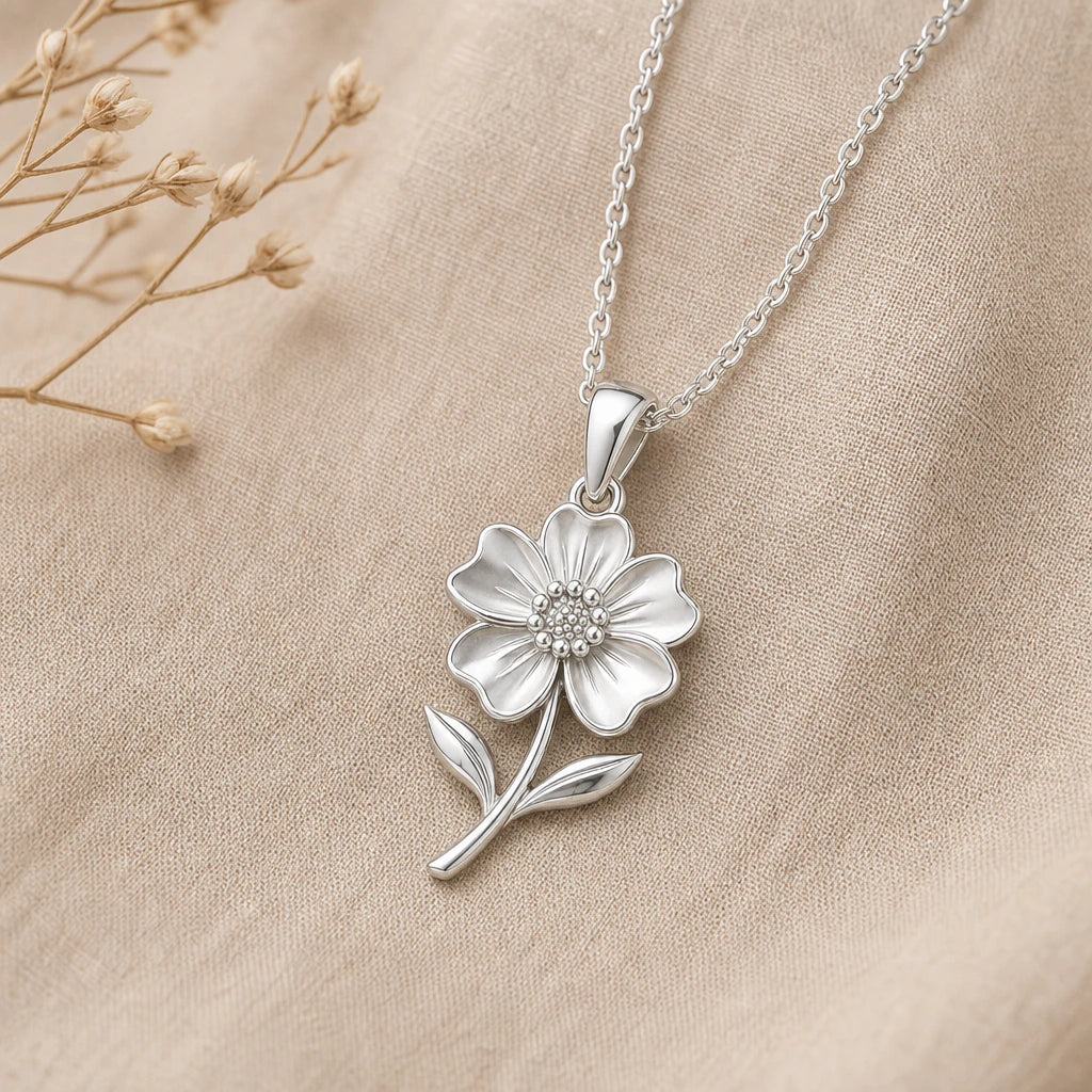 Close-up of silver anemone pendant with five petals and beaded centre