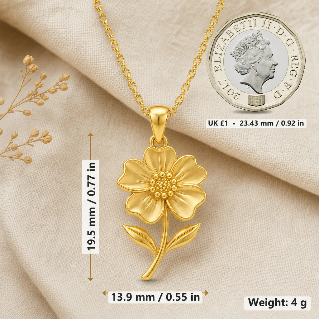 Anemone necklace size image showing 19.5 mm height, 13.9 mm width and 4 g weight beside a UK pound coin