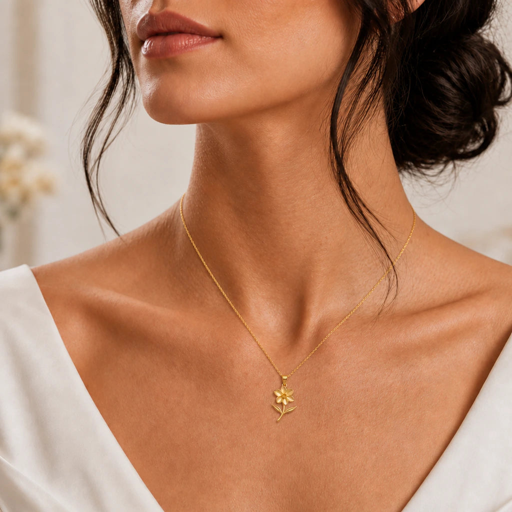 Jasmine flower pendant necklace worn, close-up