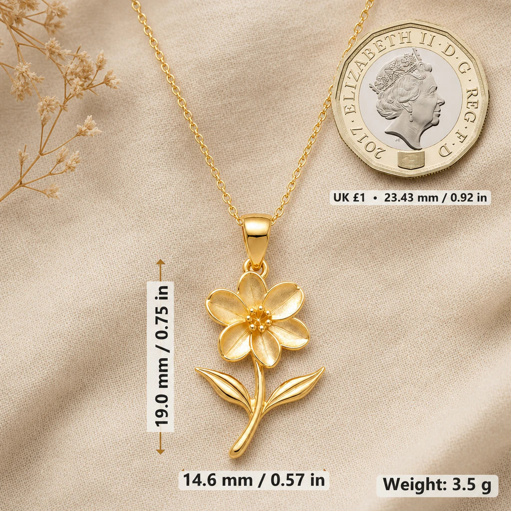 Jasmine necklace size image showing 19 mm height, 14.6 mm width and 3.5 g weight beside a UK pound coin