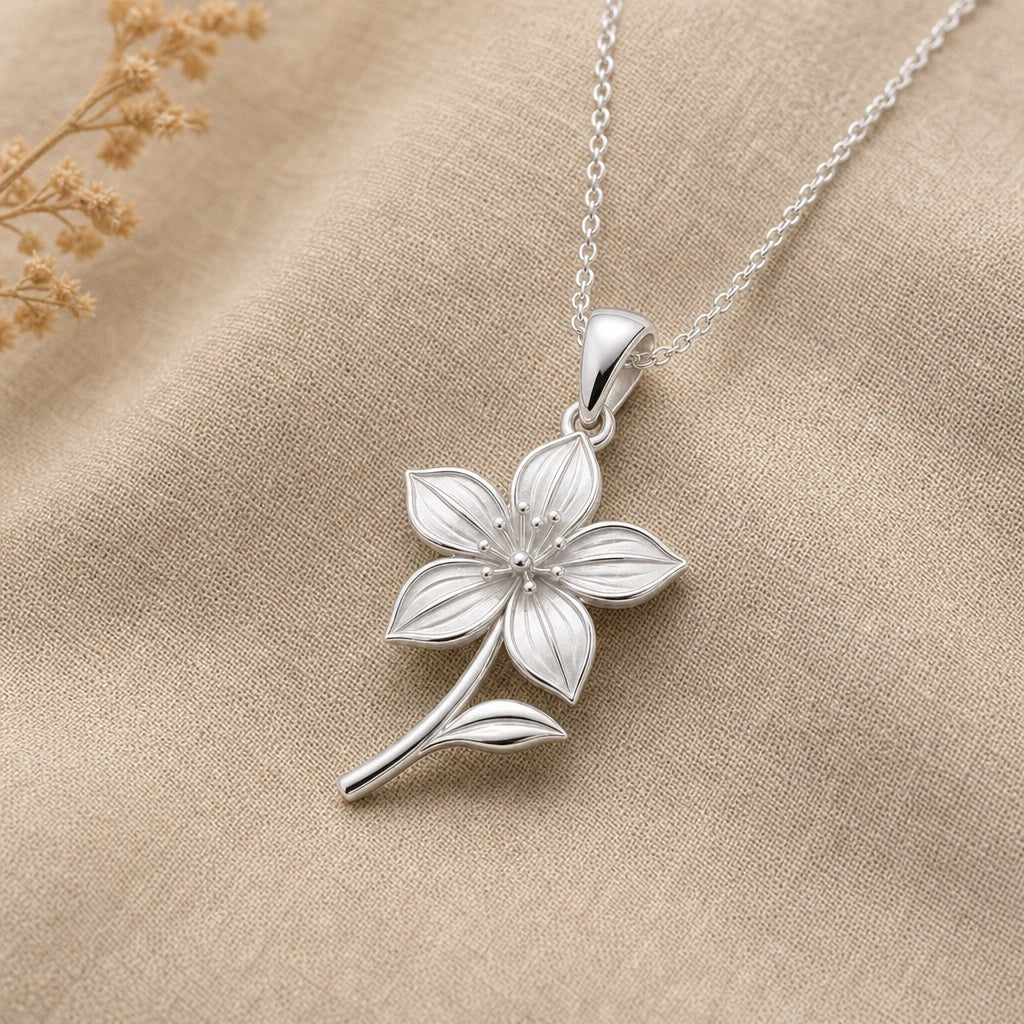 Clematis flower pendant necklace in 925 sterling silver