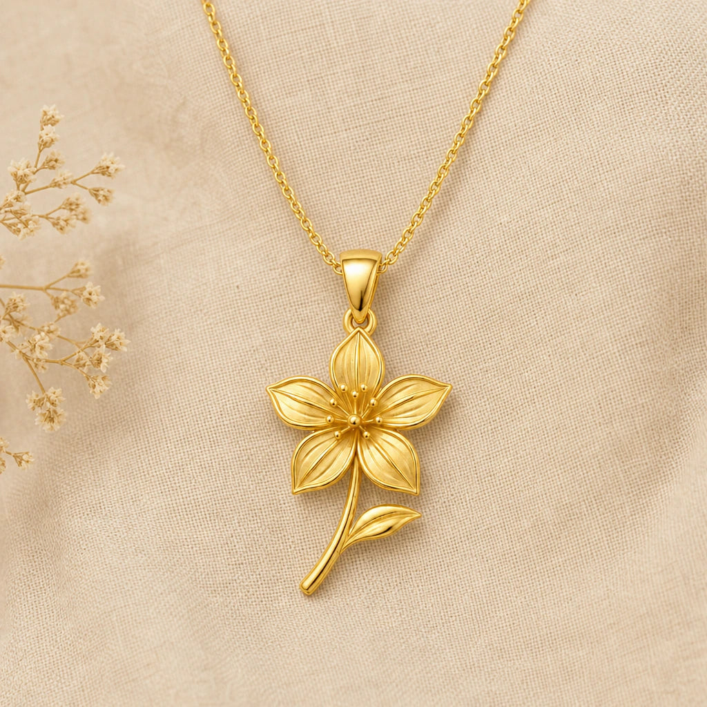 Clematis flower pendant necklace in 18k gold plated sterling silver