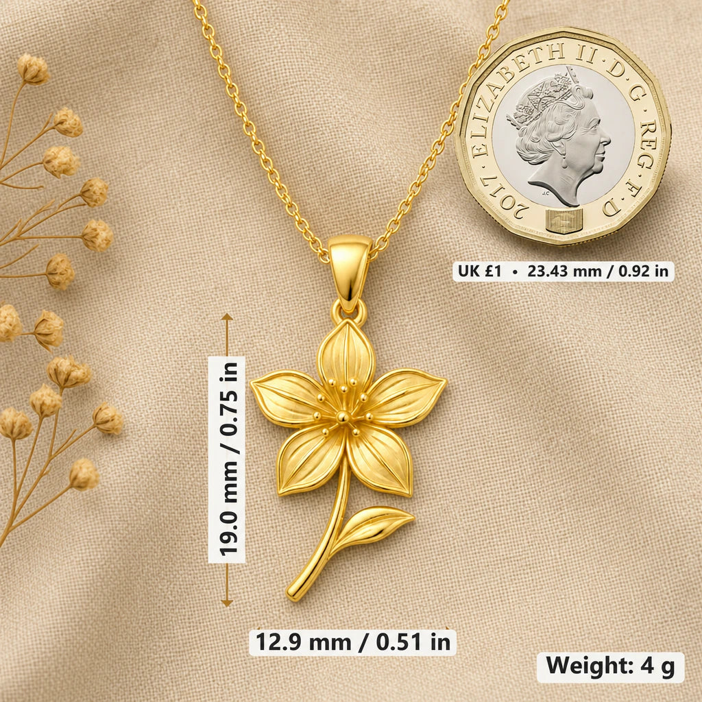 Clematis necklace size image showing 19 mm height, 12.9 mm width and 4 g weight beside a UK pound coin
