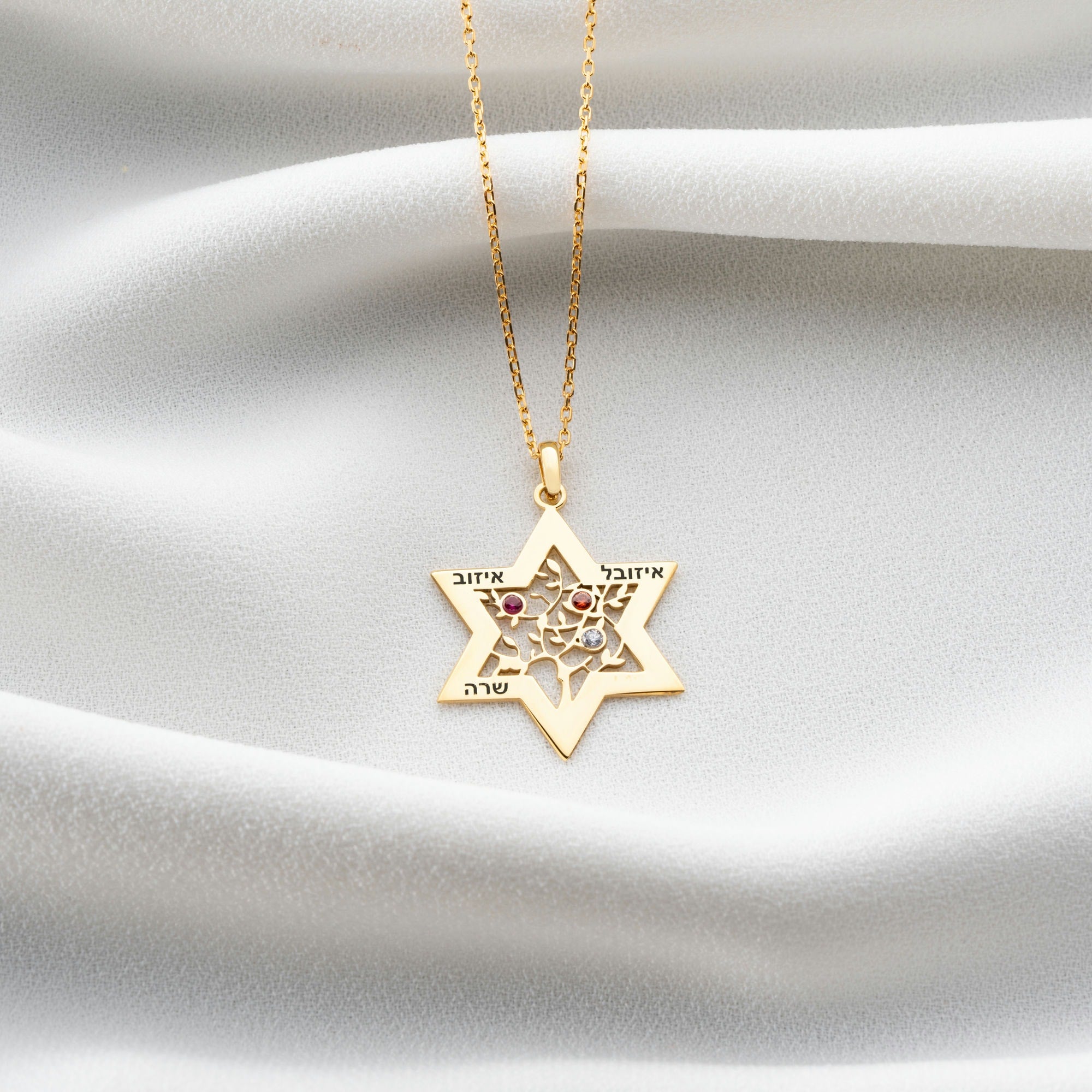 Star Of David Tree Of Life Birthstone Necklace With Hebrew Name