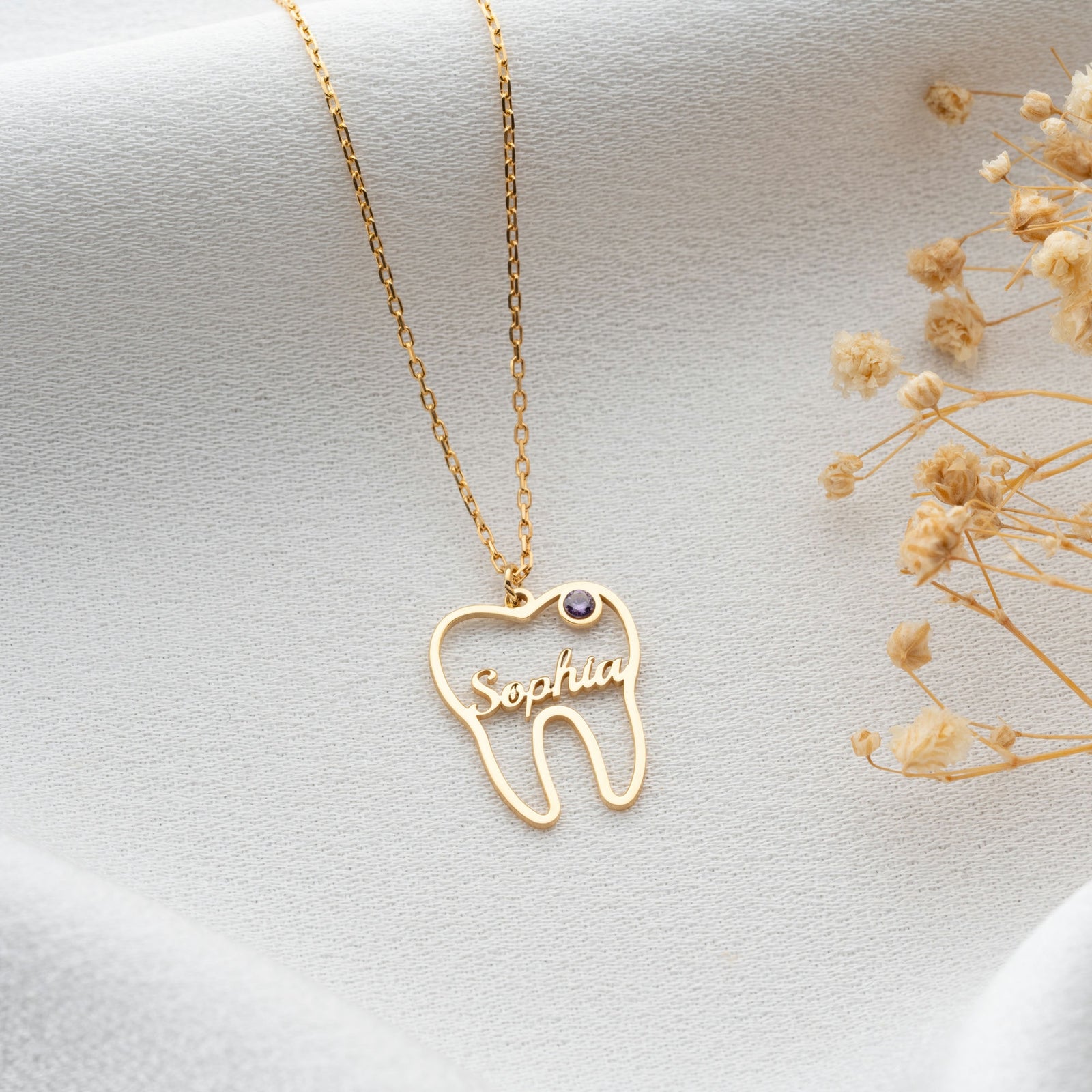 Tooth Necklace With Name And Birthstone