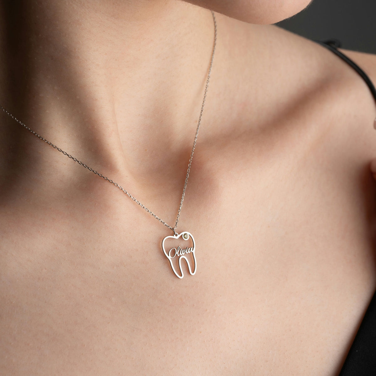 Tooth Necklace With Name And Birthstone