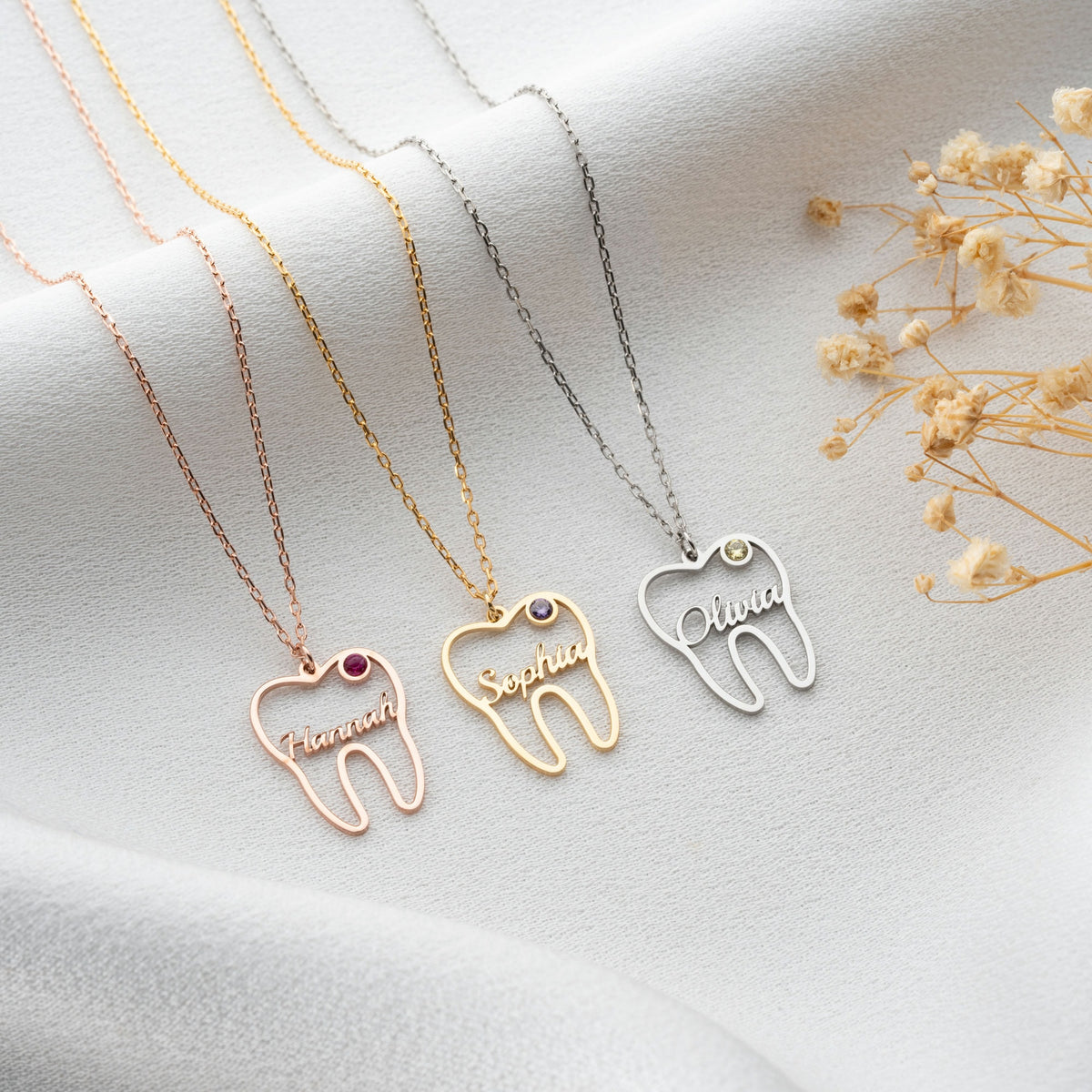 Tooth Necklace With Name And Birthstone