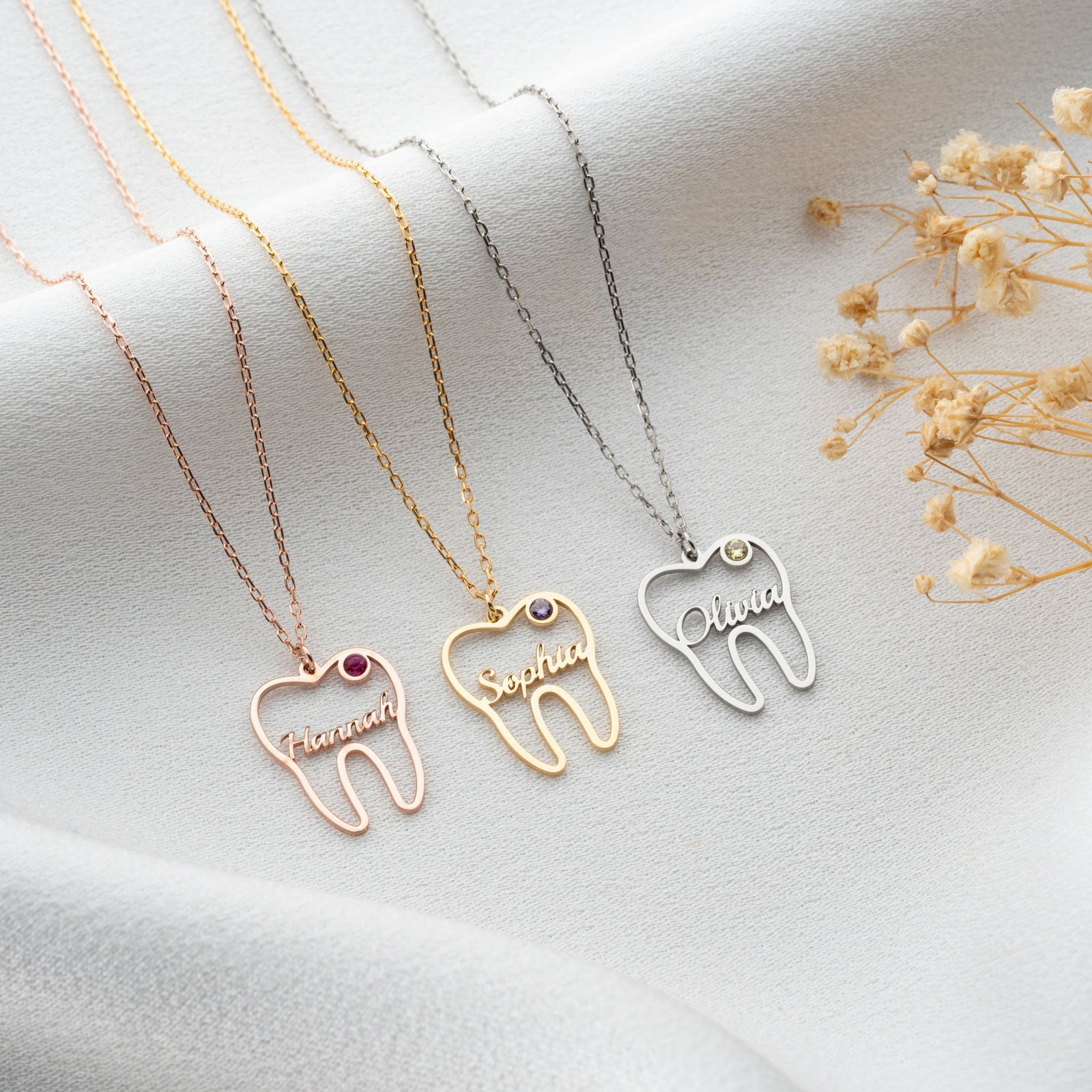Tooth Necklace With Name And Birthstone