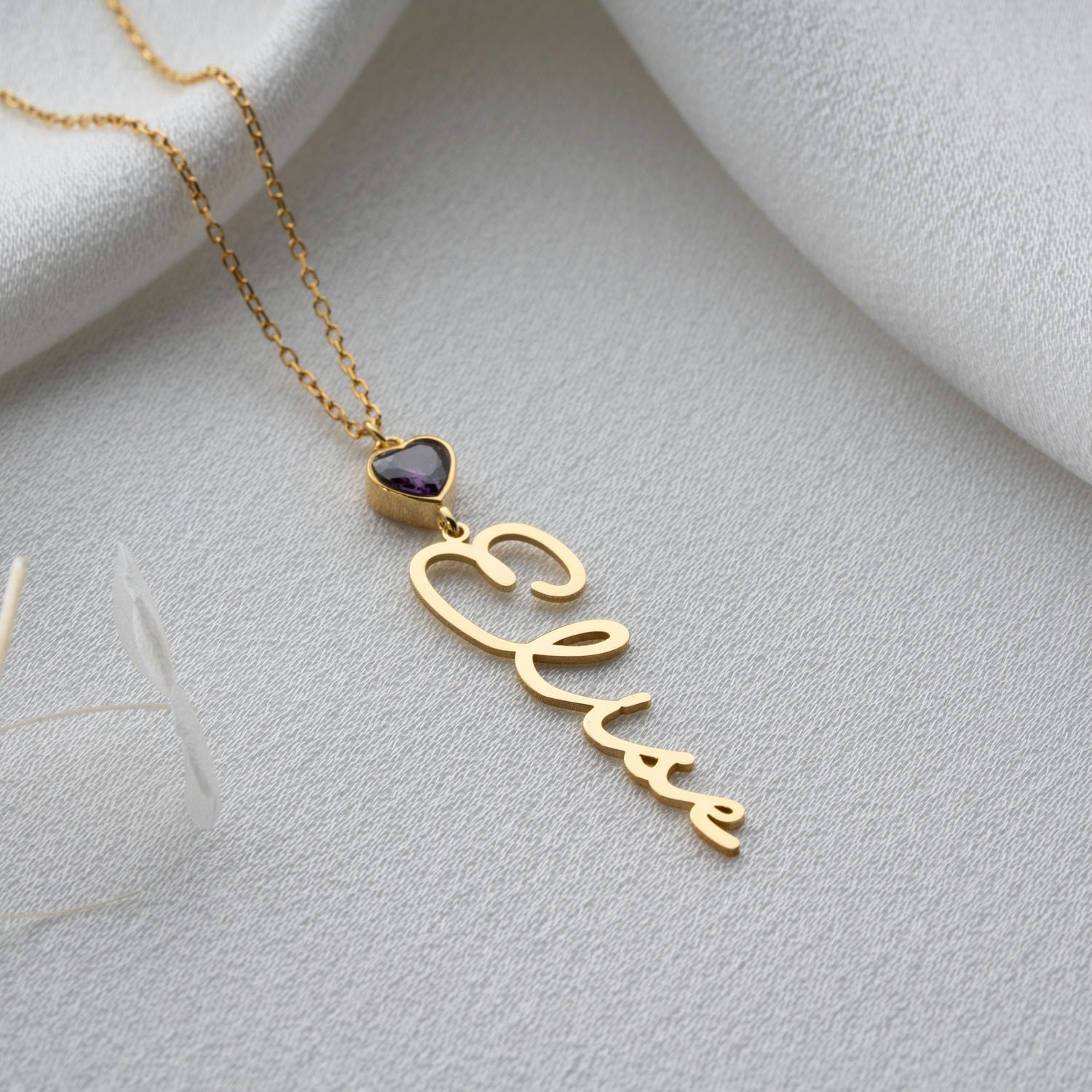 Vertical Name Necklace | Heart Birthstone Birthday Gift