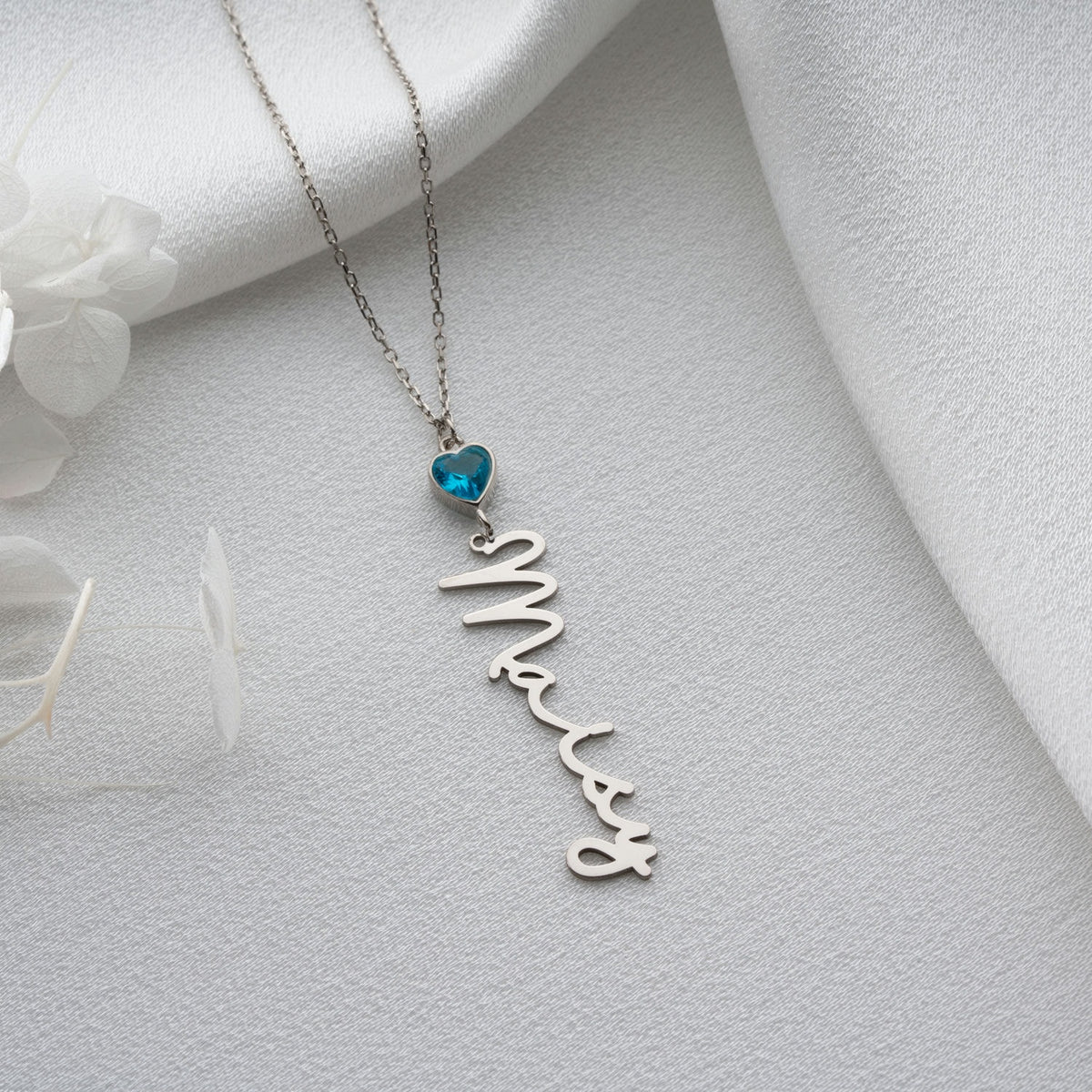 Vertical Name Necklace | Heart Birthstone Birthday Gift