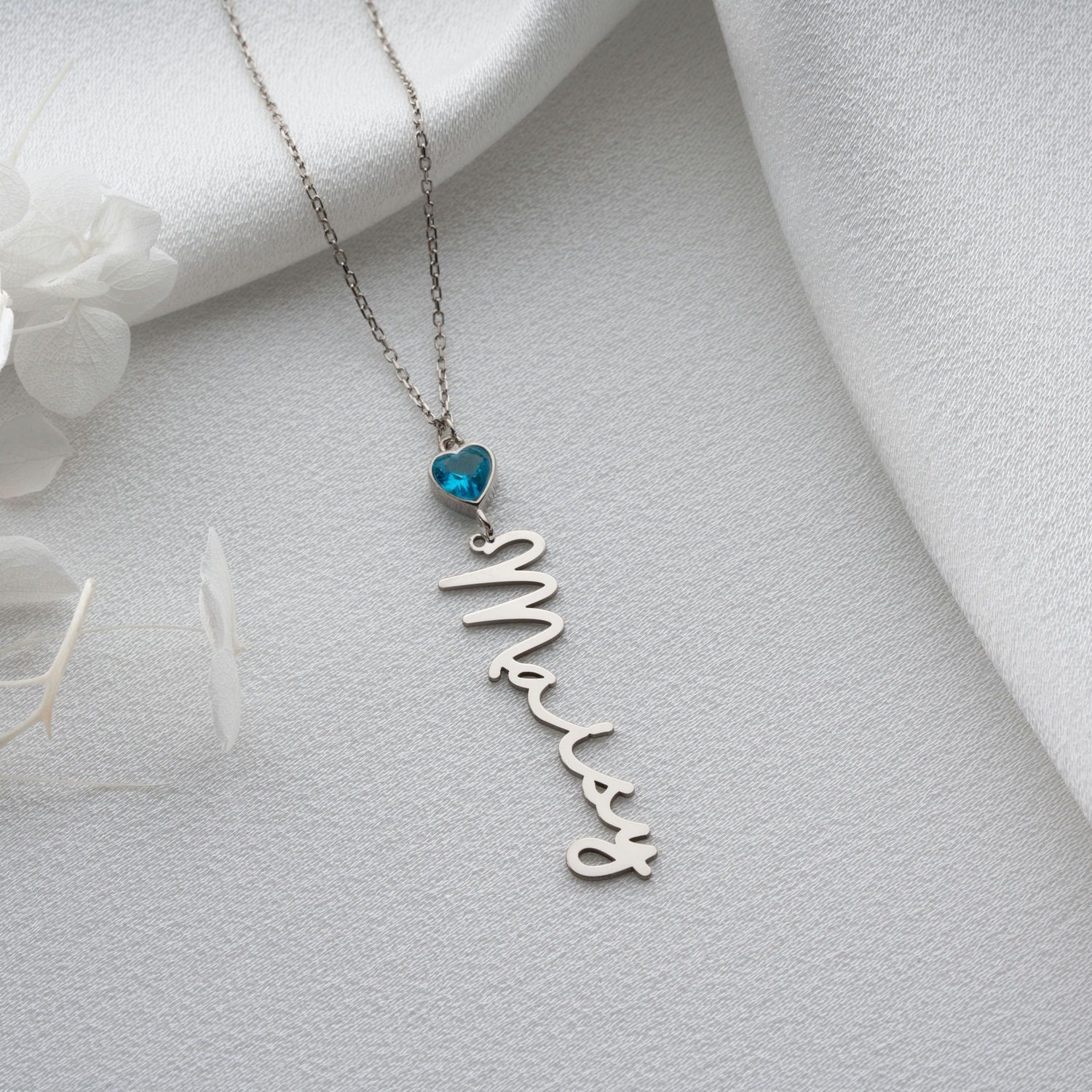 Vertical Name Necklace | Heart Birthstone Birthday Gift