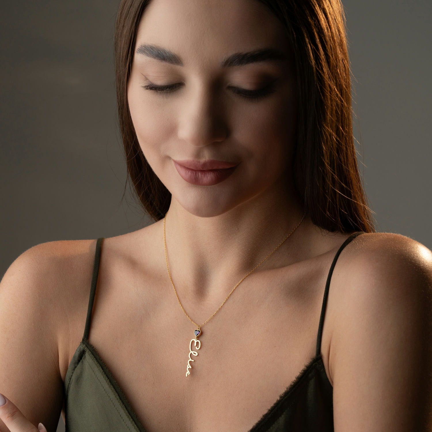 Vertical Name Necklace | Heart Birthstone Birthday Gift