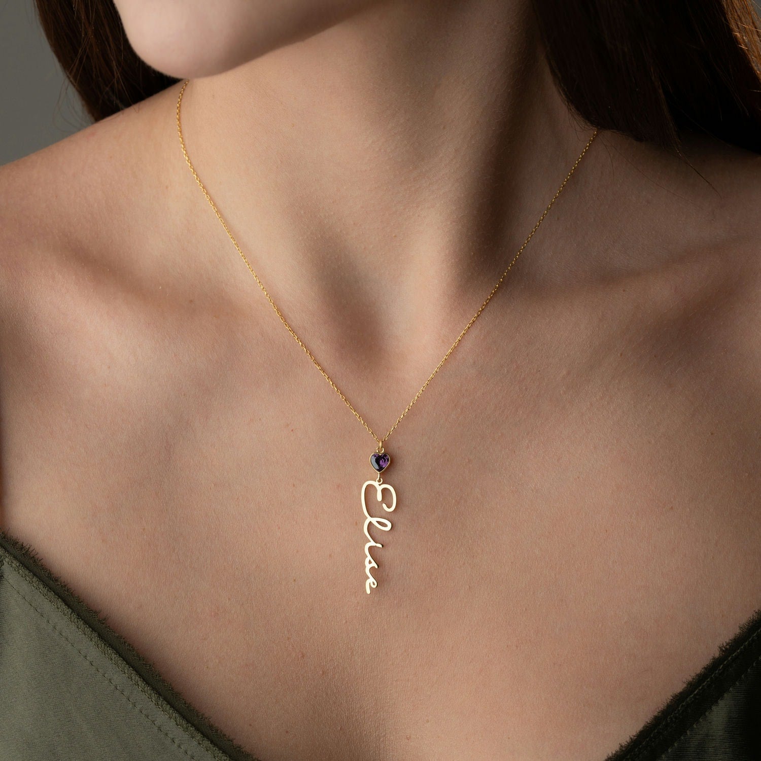 Vertical Name Necklace | Heart Birthstone Birthday Gift