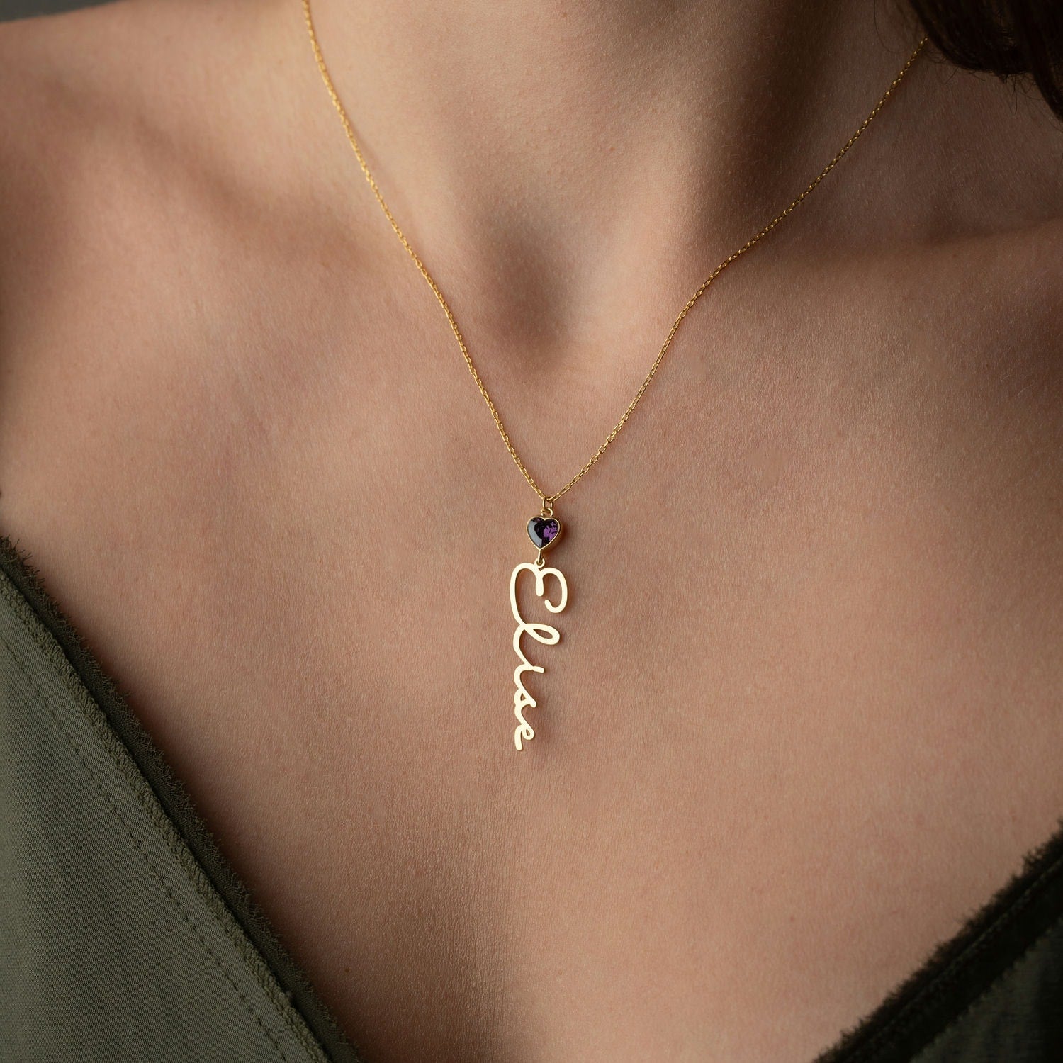Vertical Name Necklace | Heart Birthstone Birthday Gift