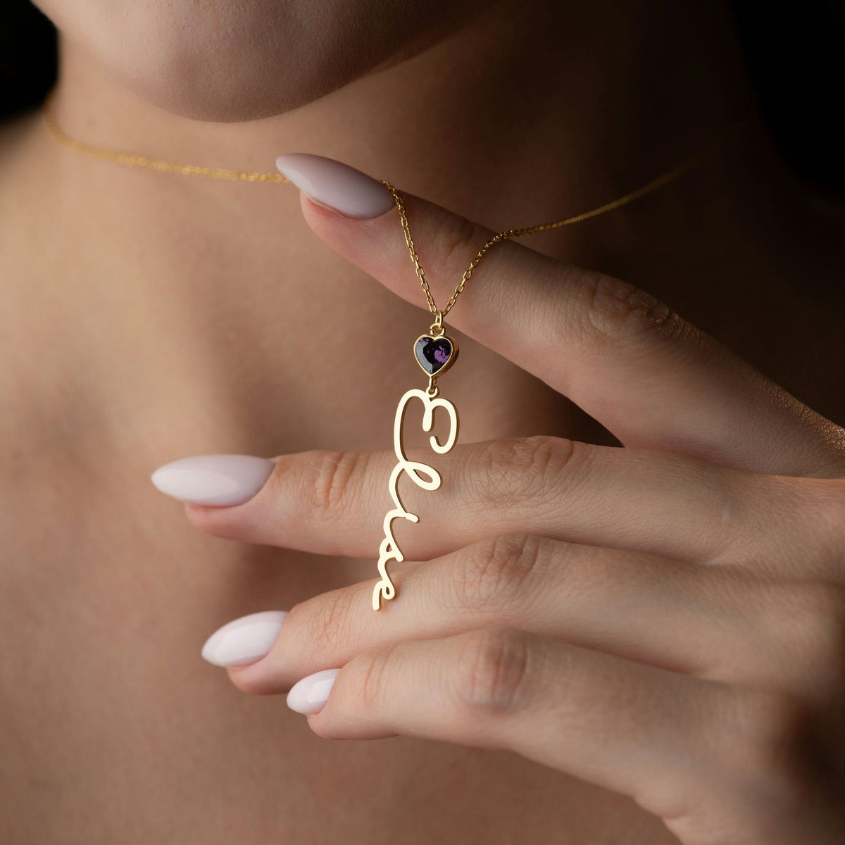 Vertical Name Necklace | Heart Birthstone Birthday Gift
