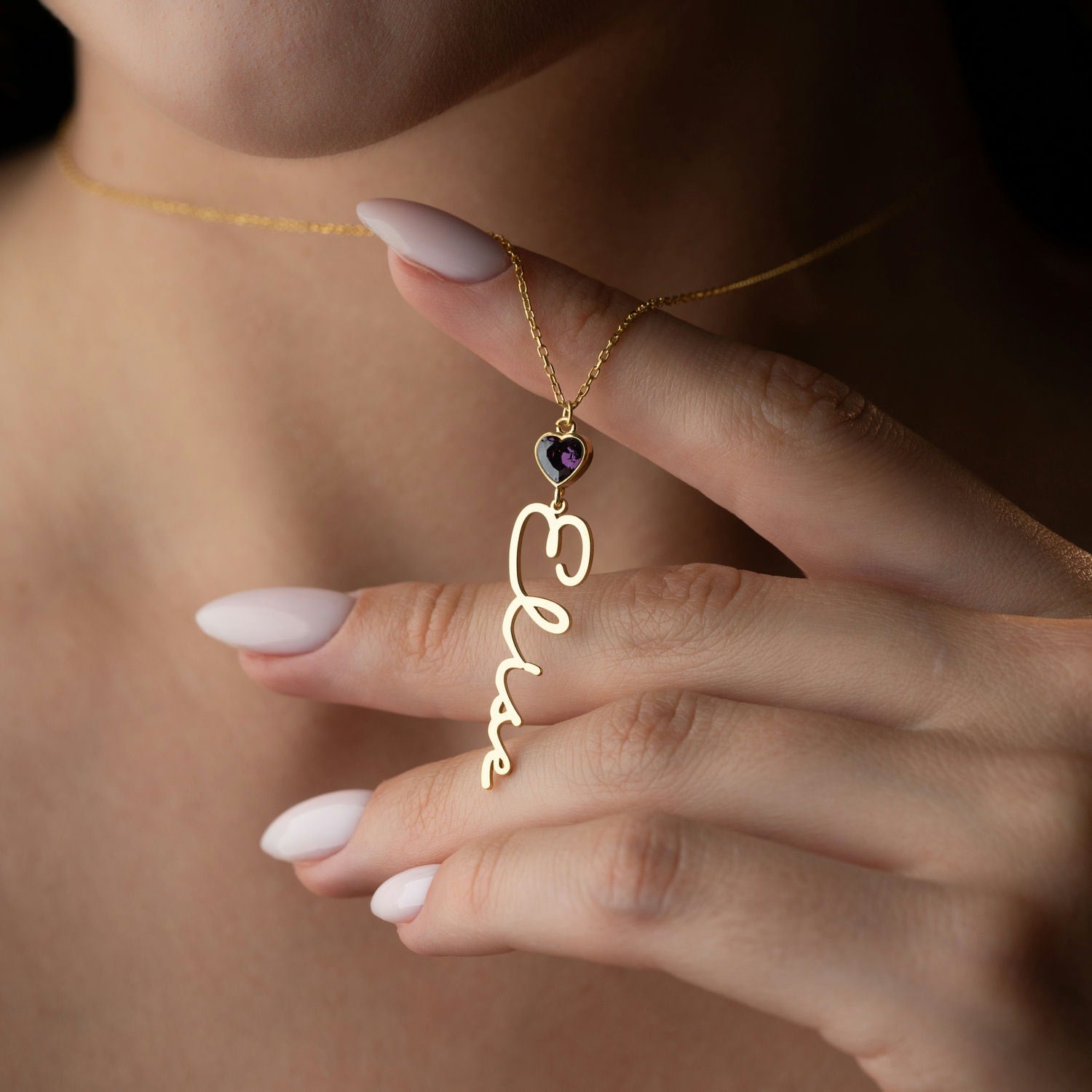 Vertical Name Necklace | Heart Birthstone Birthday Gift